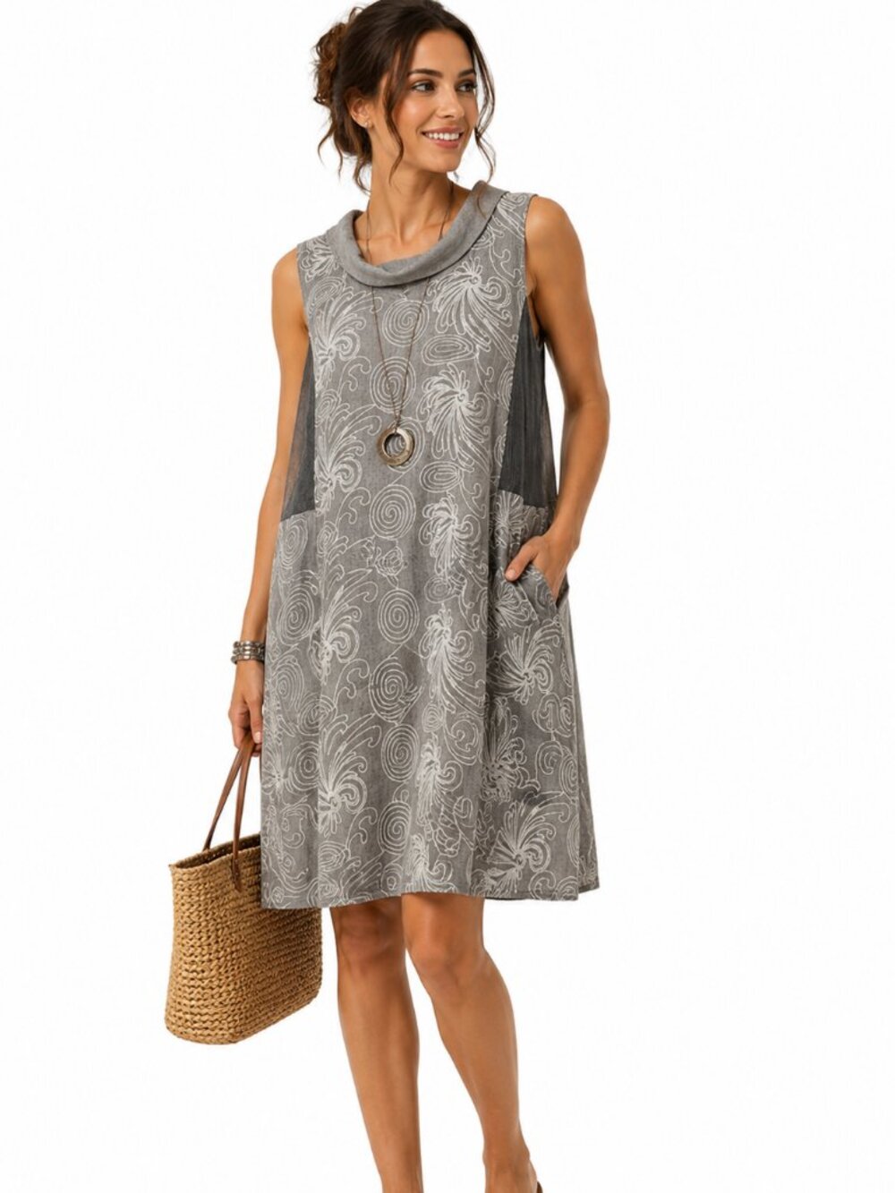 Lina Tomei Italian Linen Embroidered Shift Dress Gray L Made in Italy